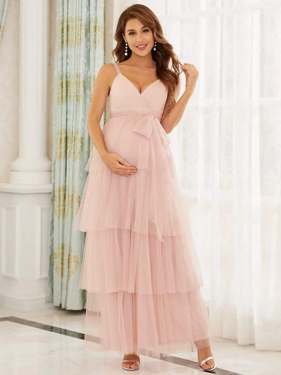 Tie Waist V-Neck Tiered Floor-length Maternity Dress