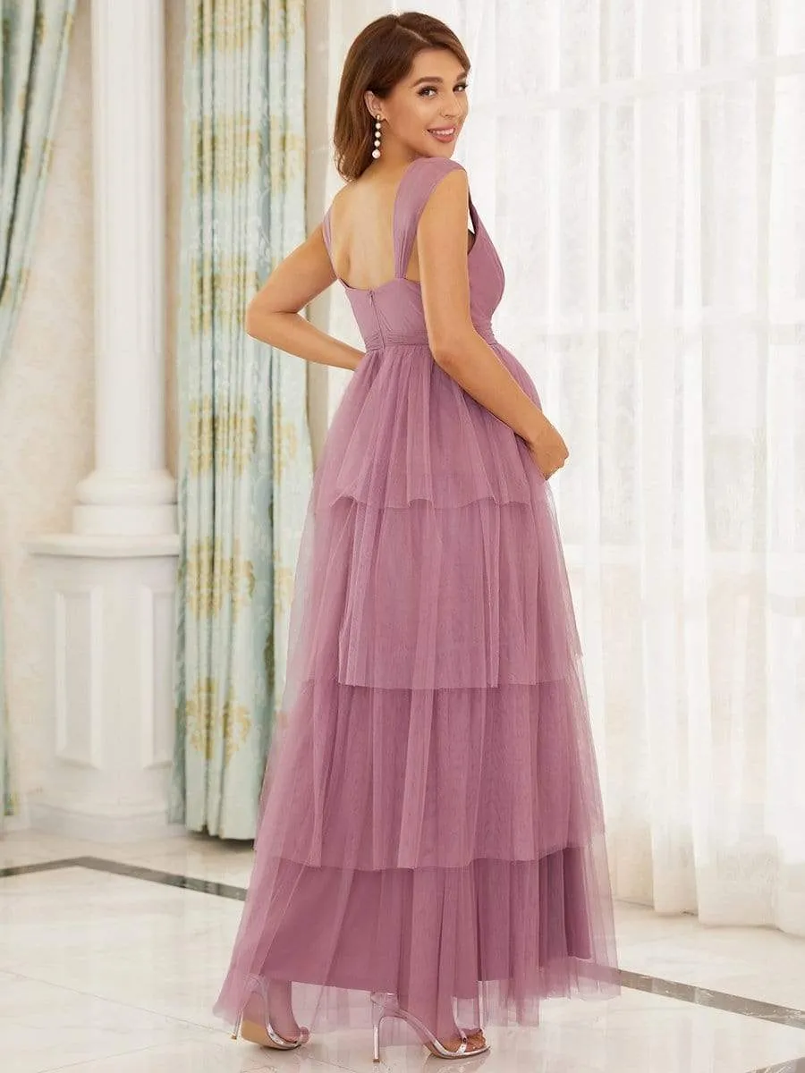 Tie Waist V-Neck Tiered Floor-length Maternity Dress