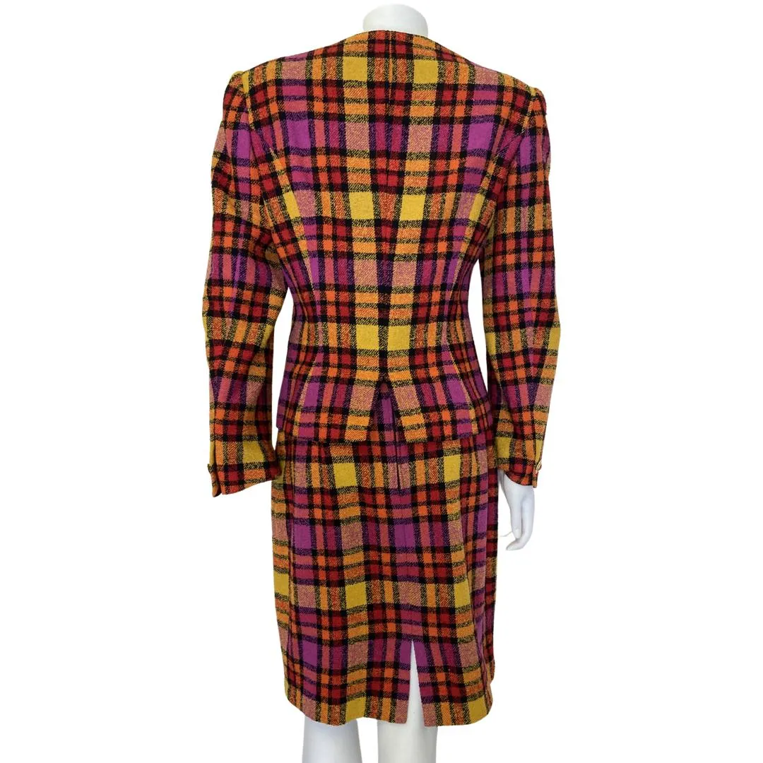 Vintage Betty Barclay Checked Wool Suit Orange Pink Red UK 8 | US 4