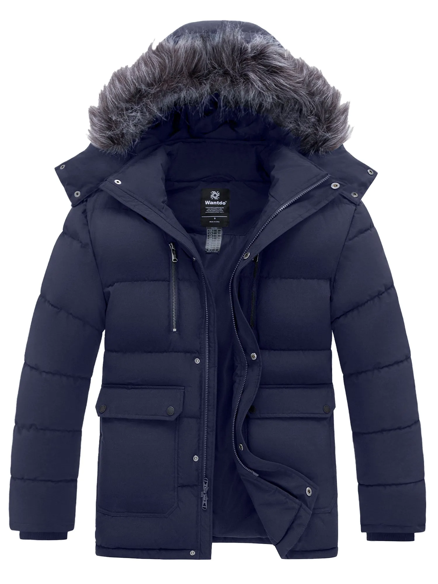 Wantdo Men's Thicken Winter Coat Mid-length Puffer Winter Parka Jacket with Detachable Hood