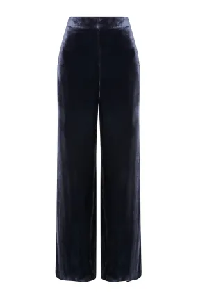 Wide Leg Trousers in Plain Blue Velvet - Paloma