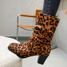 Women's Casual Leopard Print Block Heel Ankle Boots 40982977S