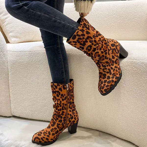 Women's Casual Leopard Print Block Heel Ankle Boots 40982977S