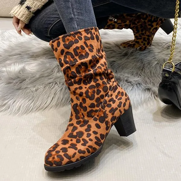 Women's Casual Leopard Print Block Heel Ankle Boots 40982977S