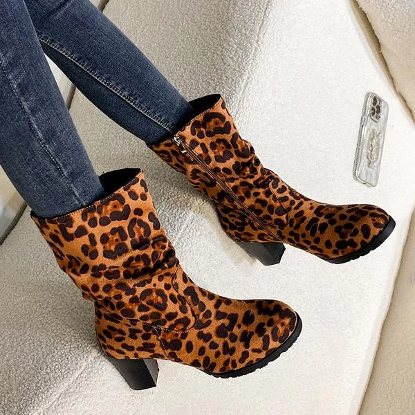 Women's Casual Leopard Print Block Heel Ankle Boots 40982977S