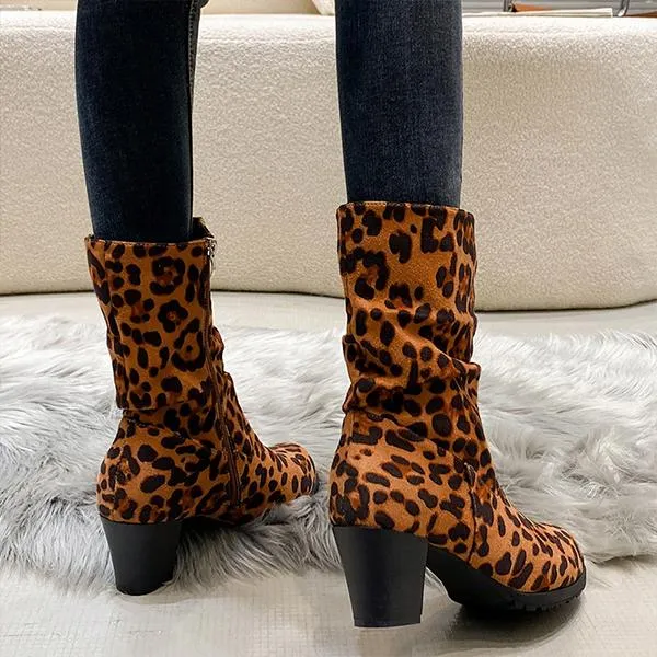 Women's Casual Leopard Print Block Heel Ankle Boots 40982977S