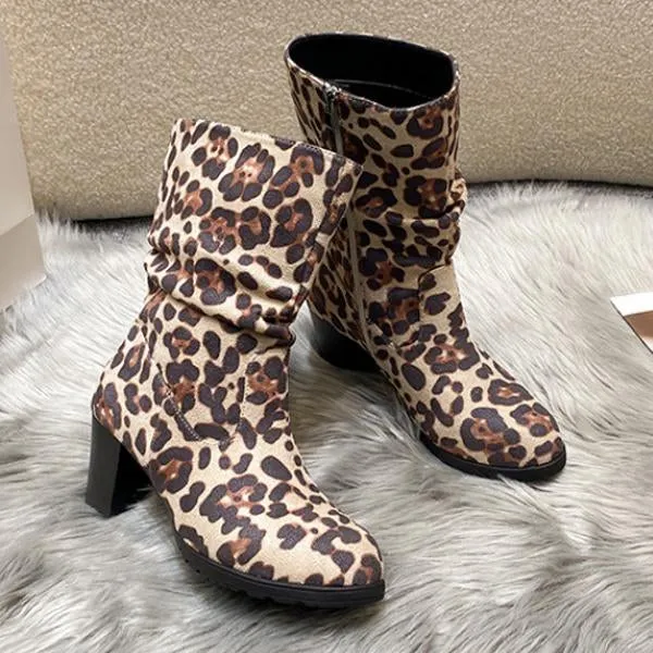 Women's Casual Leopard Print Block Heel Ankle Boots 40982977S