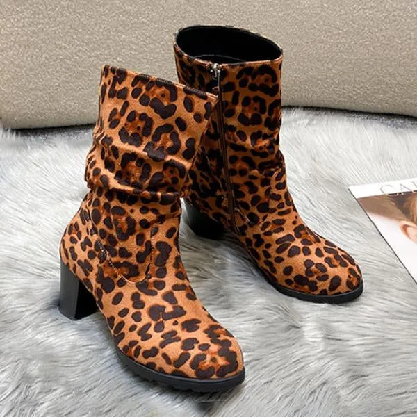 Women's Casual Leopard Print Block Heel Ankle Boots 40982977S