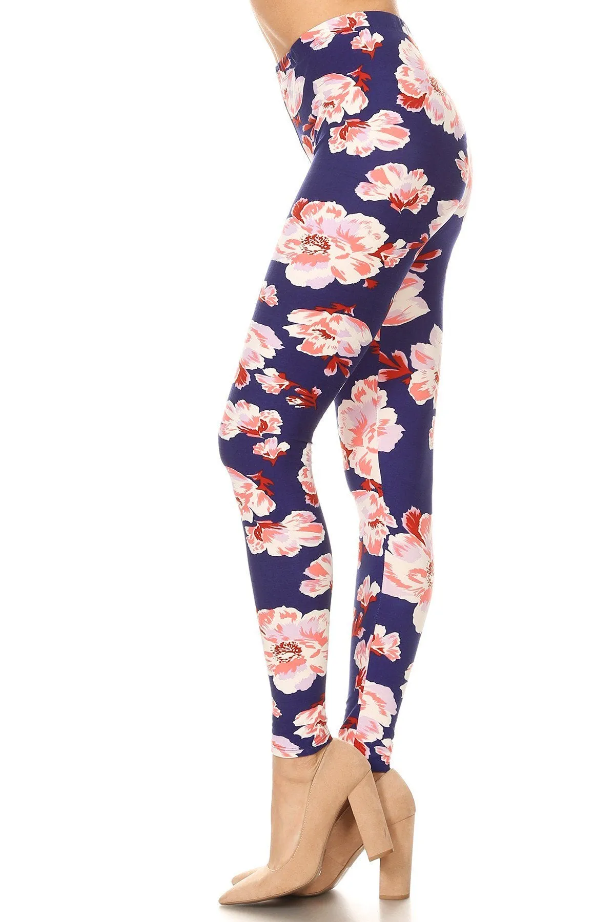 Women's Plus Big Pink Rose in Purple Pattern Printed Leggings