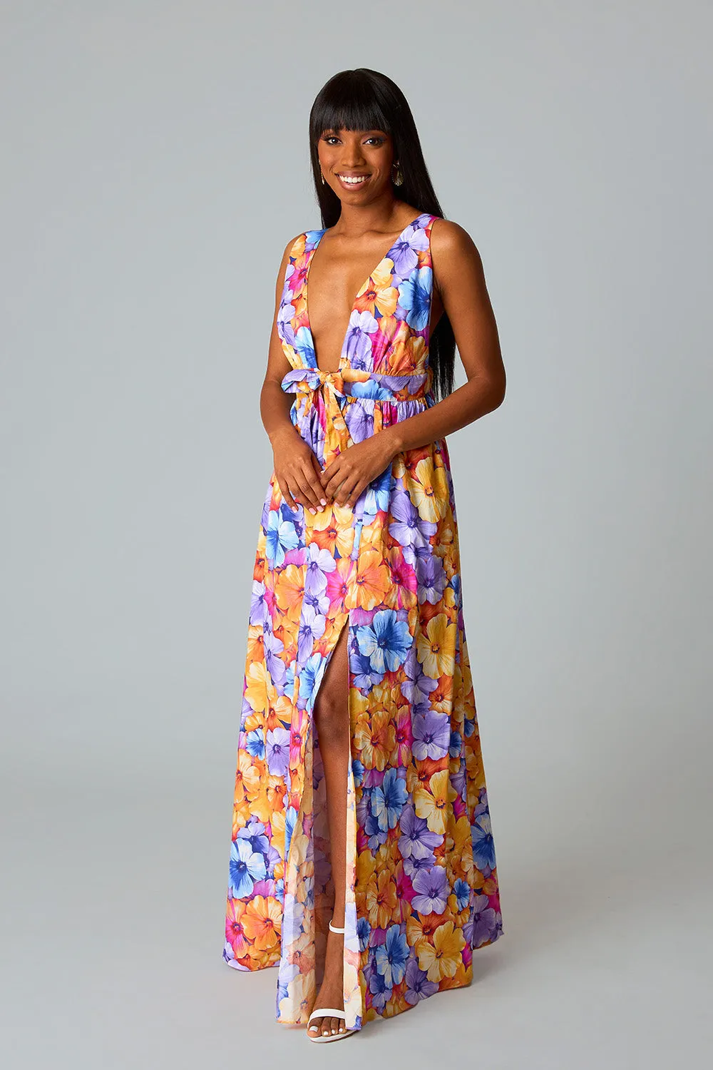 Zena Plunging Neck Maxi Dress - Pansy